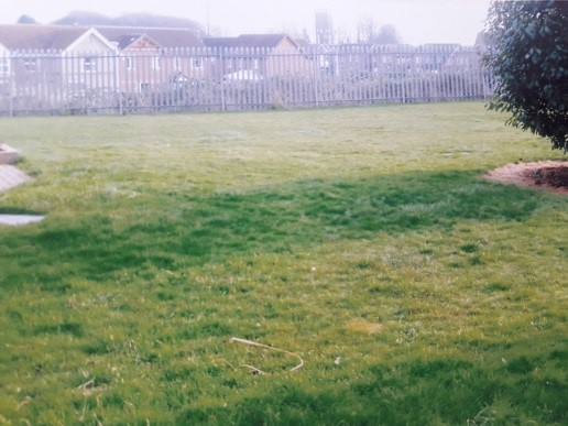 grass field, fencing, houses